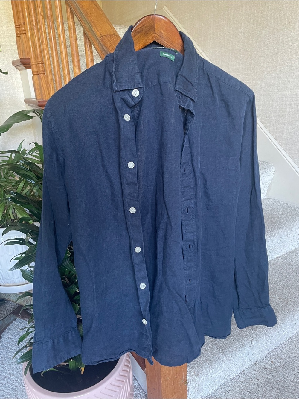 Orvis 100% Linen Navy Blue Long-Sleeve Button-Down Shirt